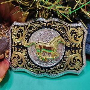 Running Horse Western Belt Buckle Rodeo BuckleShiny Gold & black enamel 4.5x3.5"